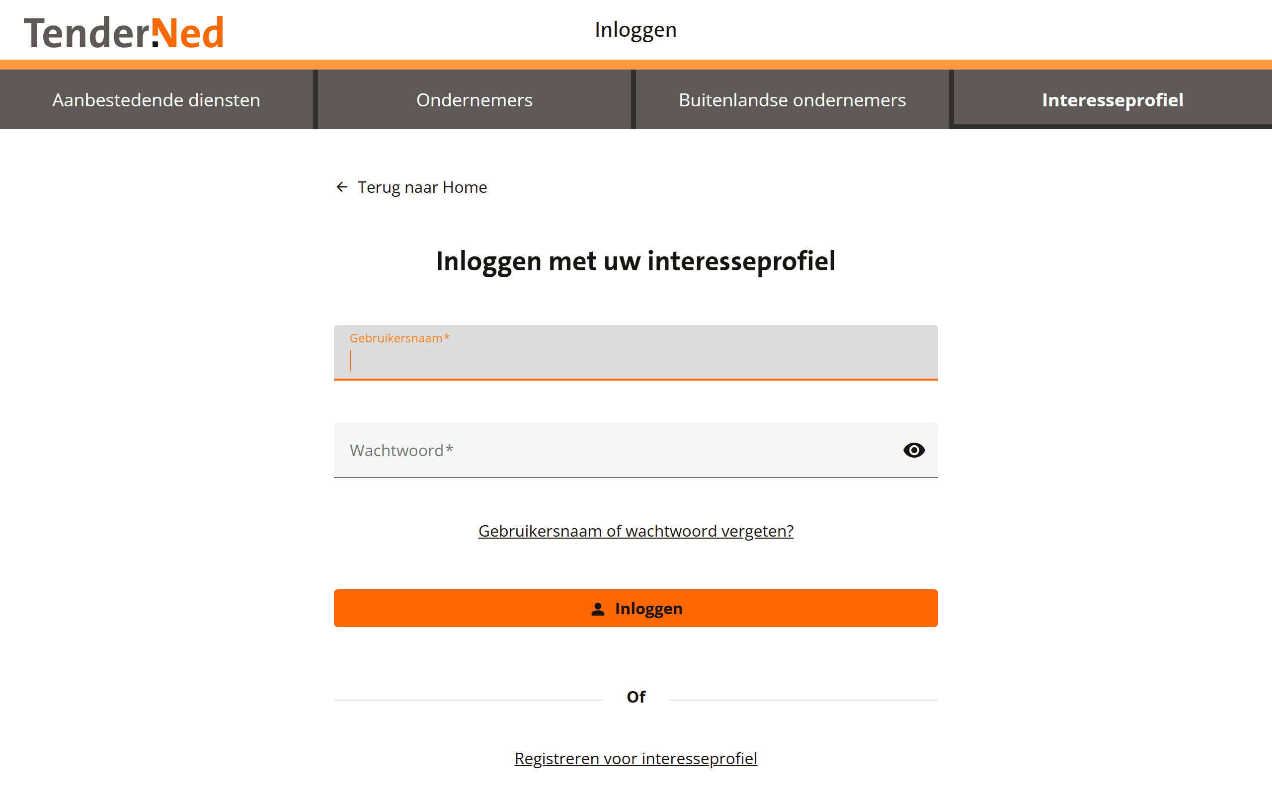 Het inlogscherm van TenderNed met het tabblad Interesseprofiel actief en de link Registreren voor interesseprofiel