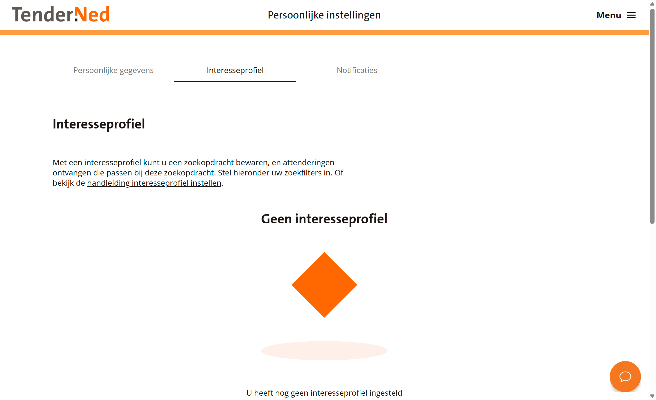 Het tabblad Interesseprofiel in de persoonlijke instellingen van TenderNed, met de melding Geen interesseprofiel