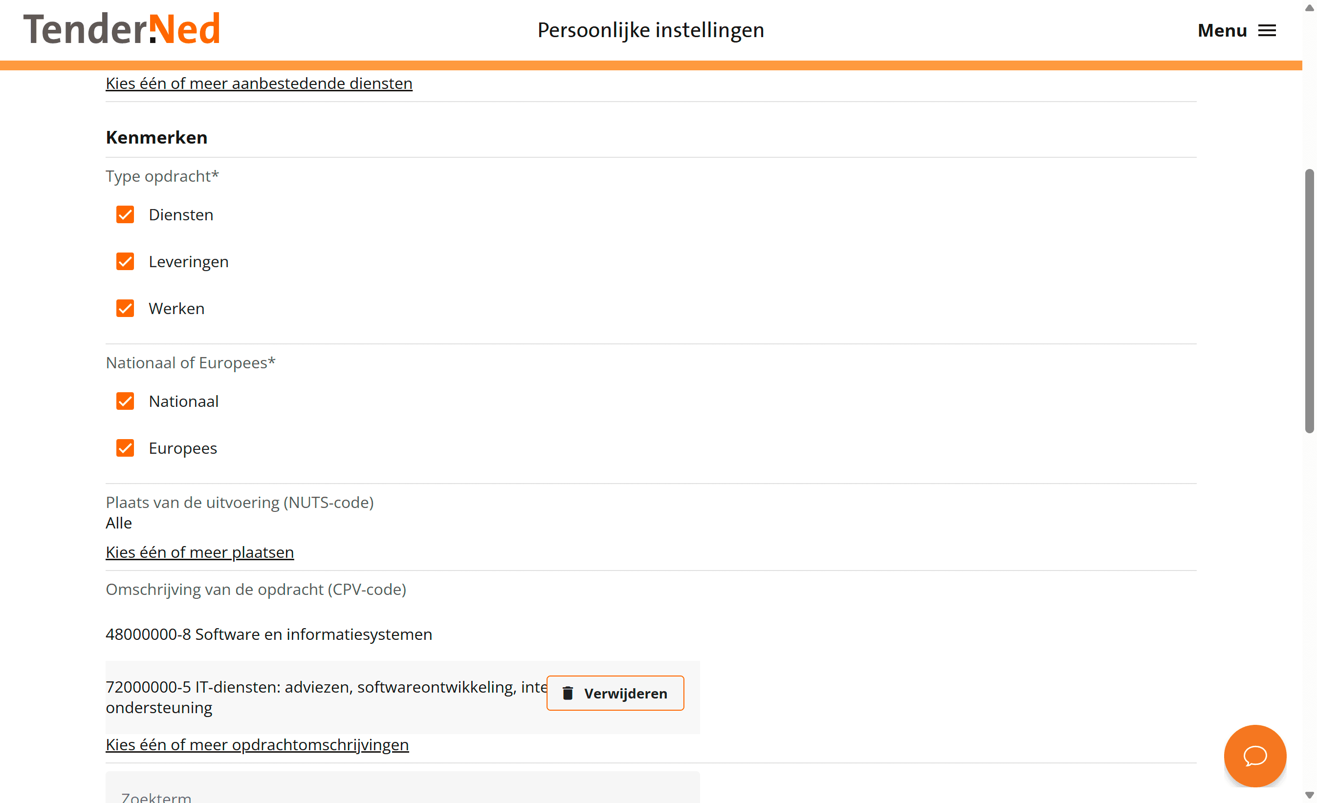 Het onderdeel Kenmerken van het interesseprofiel-formulier met type opdracht, nationaal of Europees en de gekozen CPV-codes