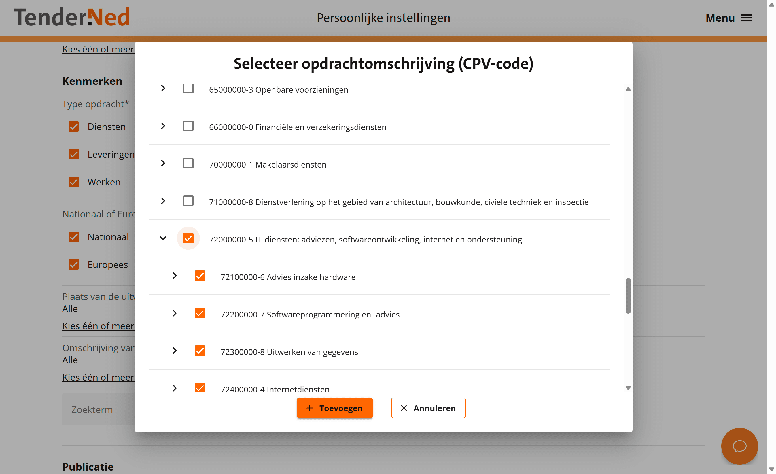 De CPV-selectiedialoog van TenderNed waarin het aanvinken van 72000000-5 automatisch alle onderliggende codes aanvinkt