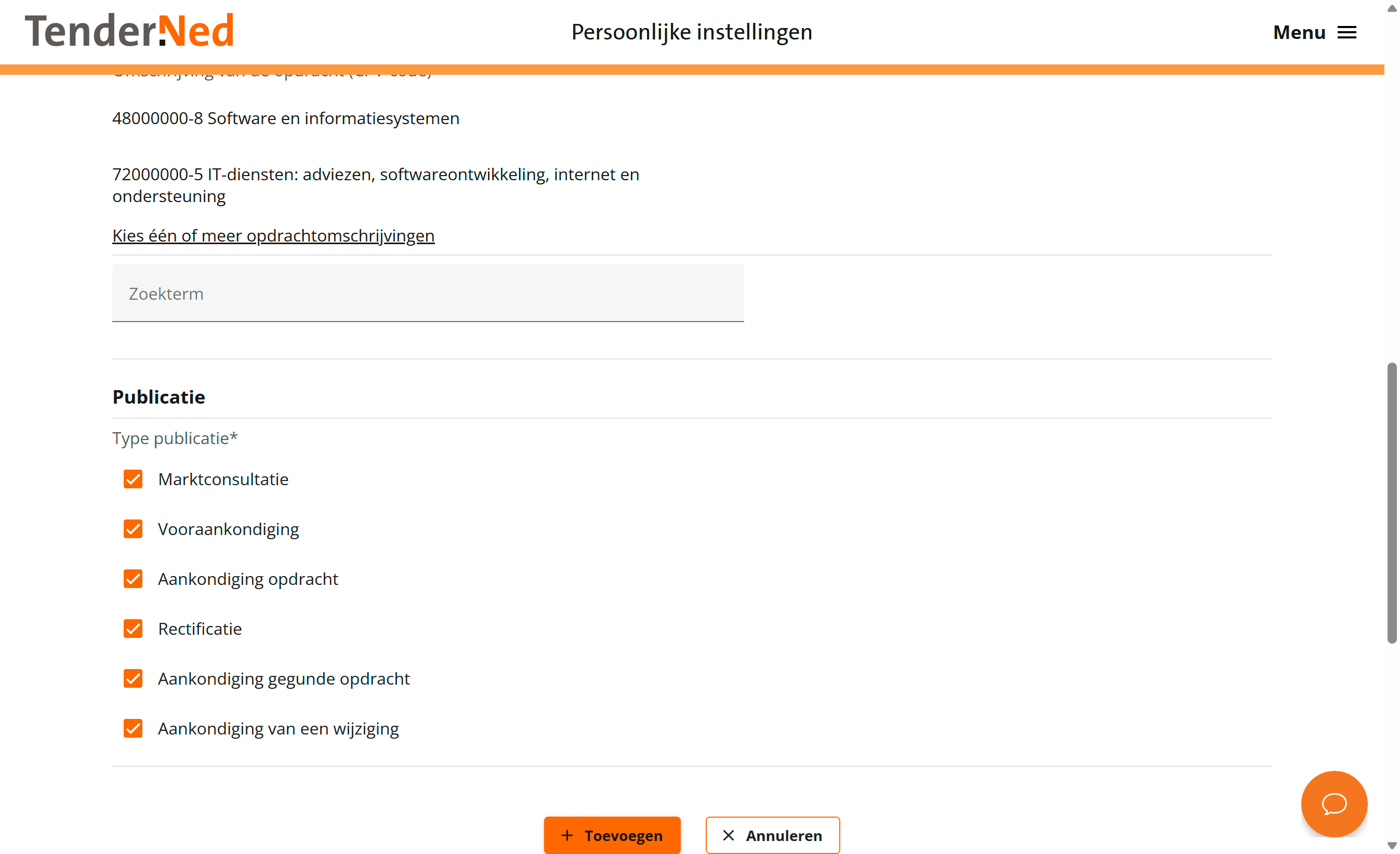 De zes publicatietypes in het interesseprofiel-formulier, allemaal aangevinkt, met daaronder de knop Toevoegen