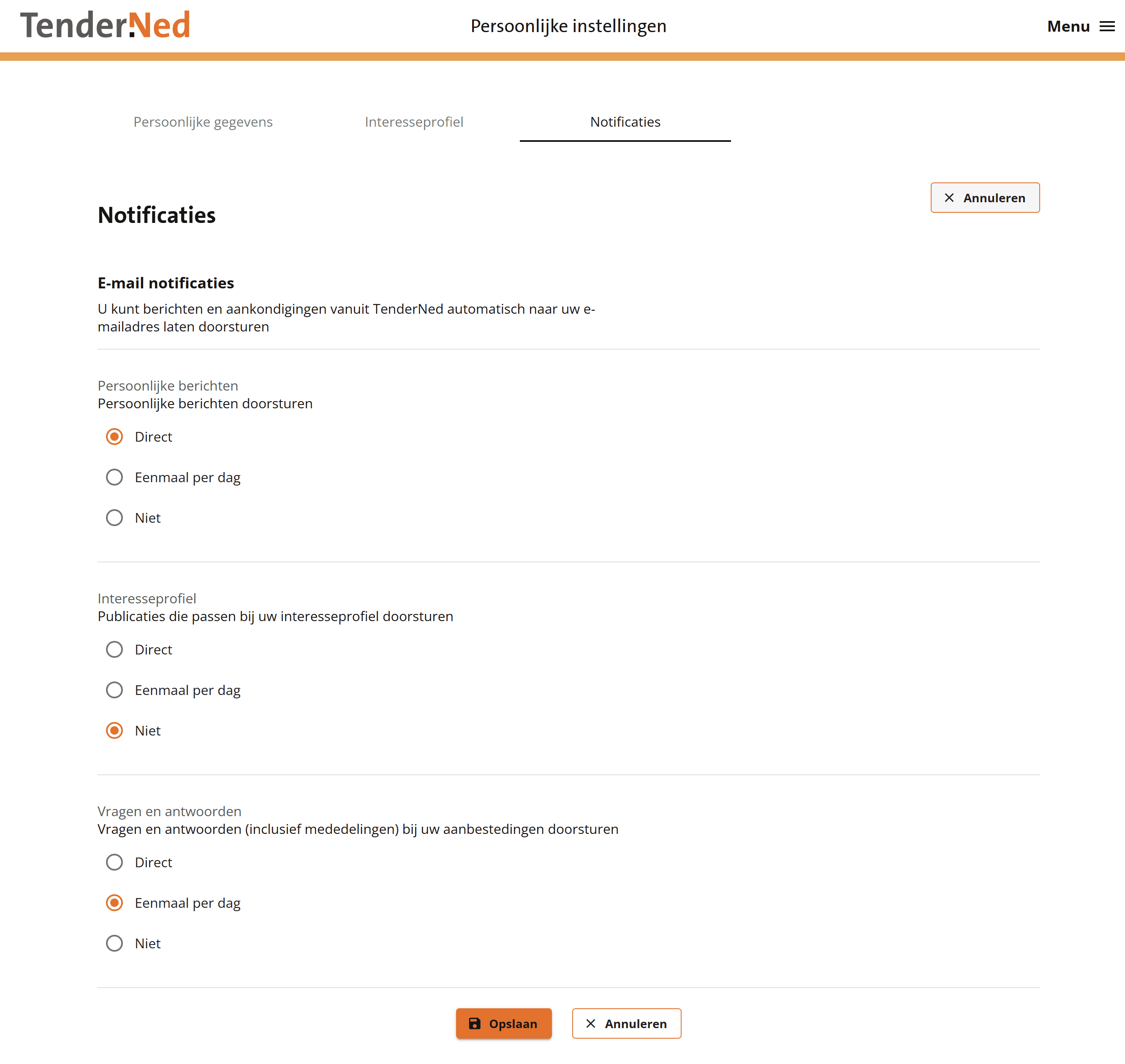Het tabblad Notificaties met per categorie de opties Direct, Eenmaal per dag en Niet; interesseprofiel staat standaard op Niet