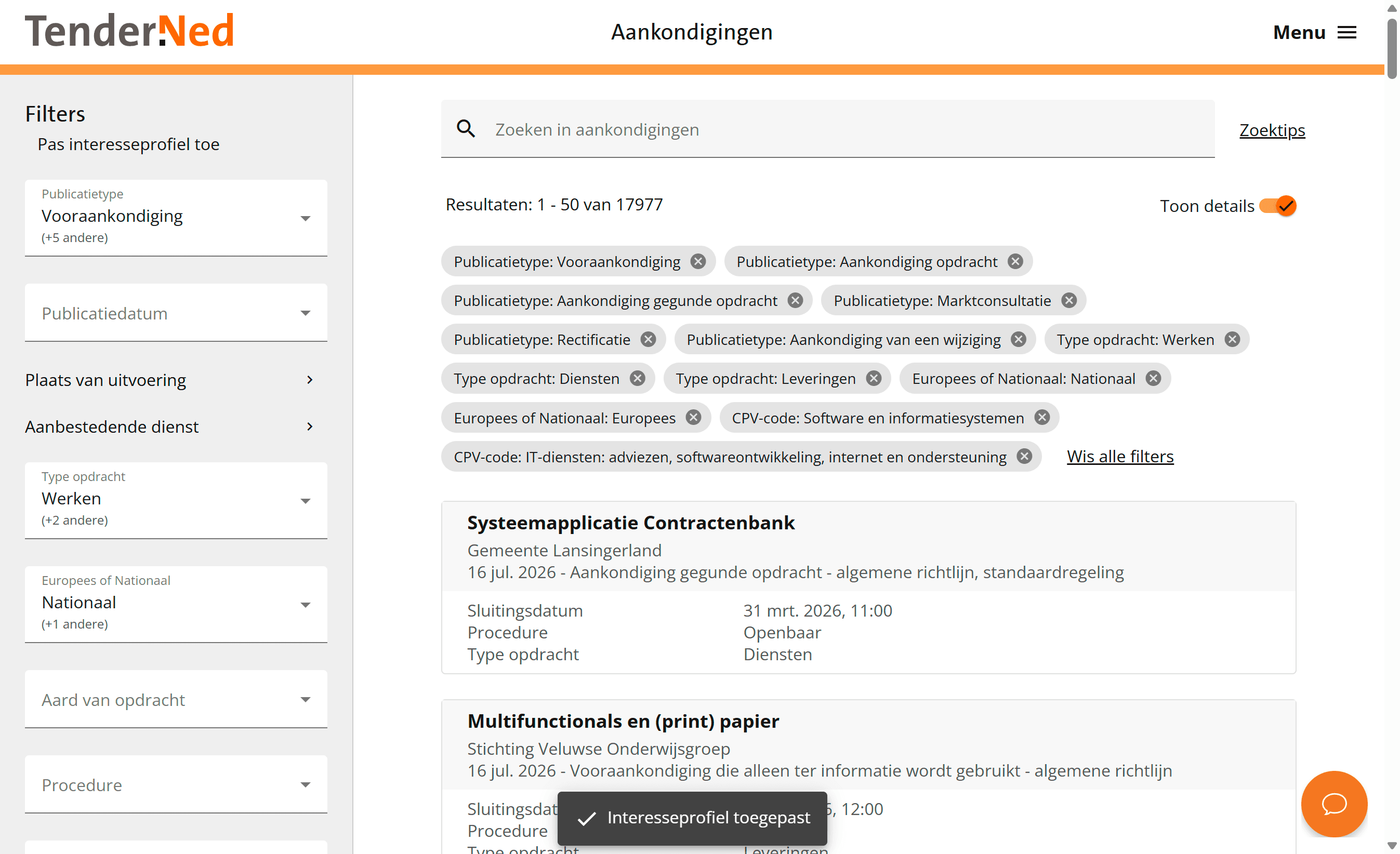 Het aankondigingenoverzicht met alle filters van het interesseprofiel toegepast als losse filterchips